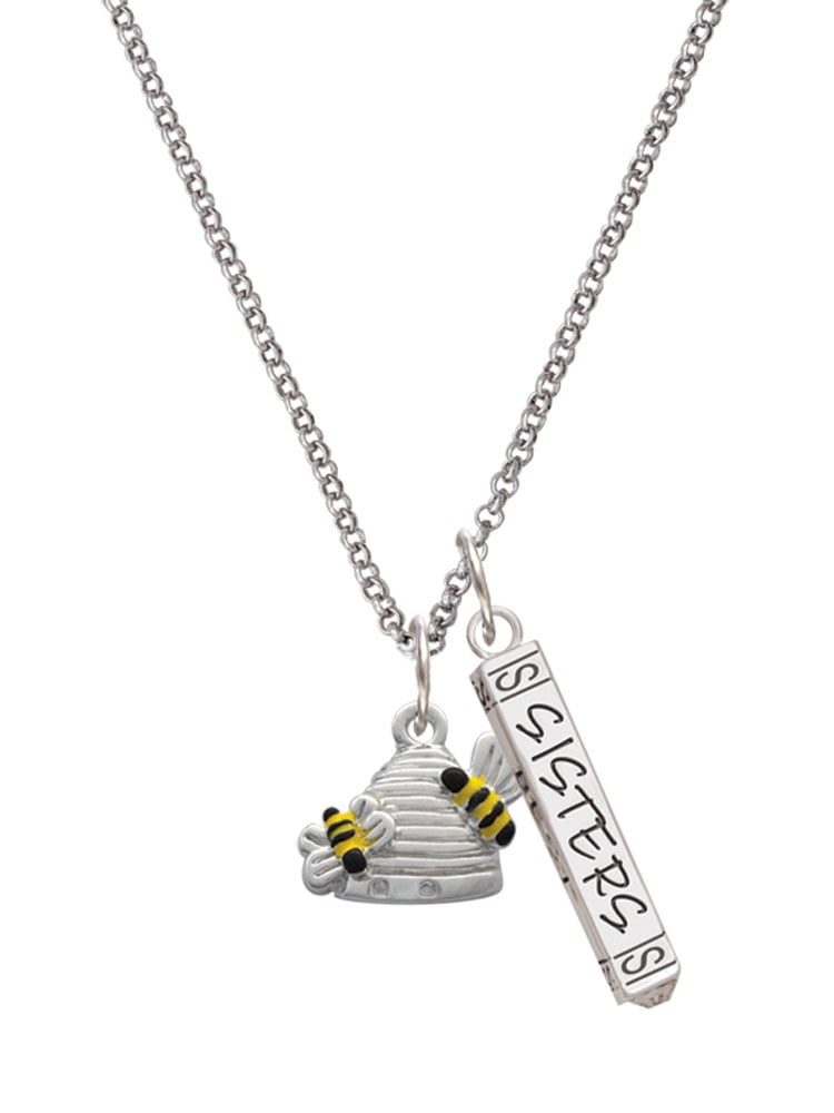 Delight Jewelry Silvertone Beehive with 2 Bumble Bees Silvertone Sisters Best Friends Forever Bar Charm Necklace, 23"
