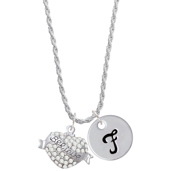 Delight Jewelry Silvertone Believe Banner on Clear Crystal Heart Silvertone Script Initial Disc - F - Charm Necklace, 20"+3"