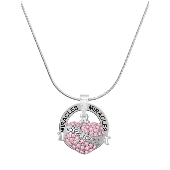 Delight Jewelry Silvertone Believe Banner on Pink Crystal Heart Miracles Ring Charm Necklace, 18"