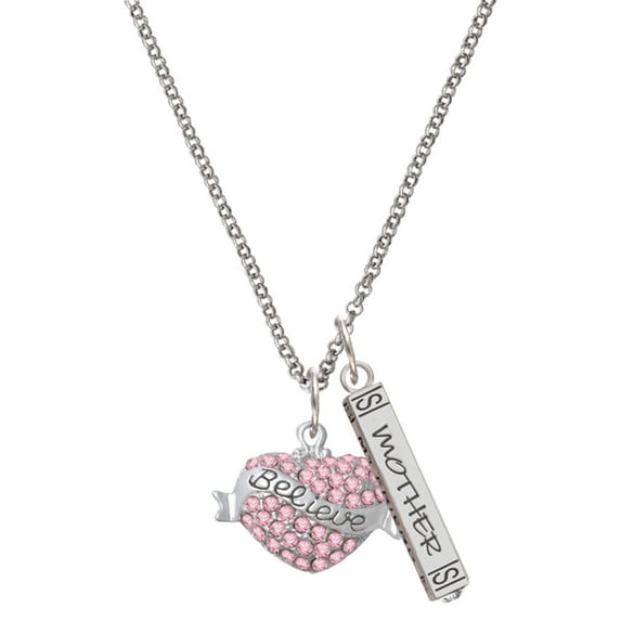 Delight Jewelry Silvertone Believe Banner on Pink Crystal Heart Silvertone Mother Daughter Bar Charm Necklace, 23"