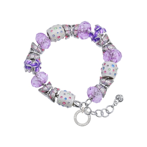 Delight Jewelry Silvertone Believe Eternity Ring Purple Butterfly Bead Charm Bracelet, 7"+1" Extender