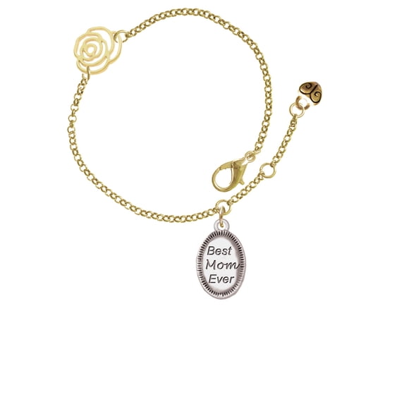 Delight Jewelry Silvertone Best Mom Ever Oval Gold-tone Rose Link Chain Bracelet, 6.25"+1.75" Extender