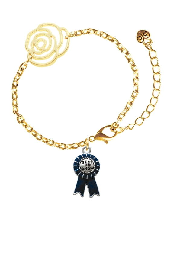 Silvertone Best in Show Blue Ribbon Gold-tone Flower Link Chain Bracelet, 6.75"+2" Extender