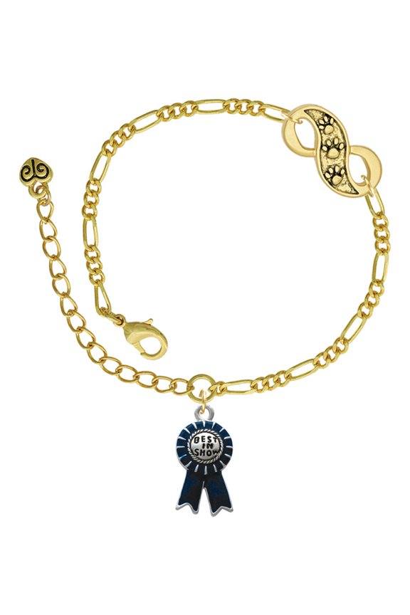 Silvertone Best in Show Blue Ribbon Gold-tone Paw Infinity Link Chain Bracelet, 6"+2" Extender
