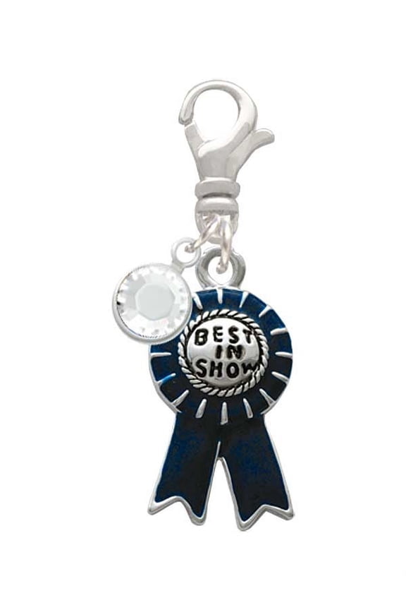 Silvertone Best in Show Blue Ribbon - Silvertone Clip on Charm with Clear Crystal Drop
