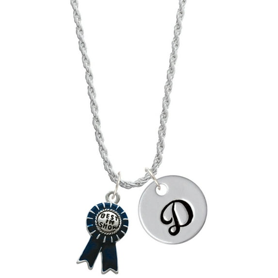 Delight Jewelry Silvertone Best in Show Blue Ribbon Silvertone Script Initial Disc - D - Charm Necklace, 20"+3"
