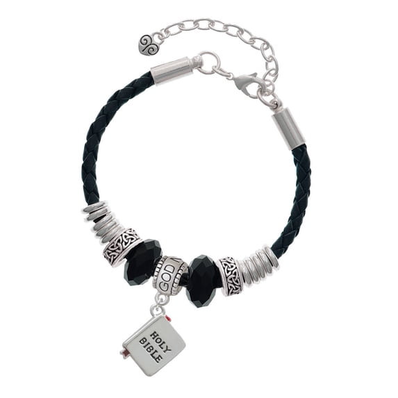Delight Jewelry Silvertone Bible with Cross Godmother Celtic Knot Leather Bead Bracelet, 7"+2" Extender