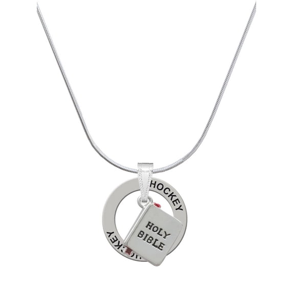 Delight Jewelry Silvertone Bible with Cross Hockey Ring Charm Necklace, 18"