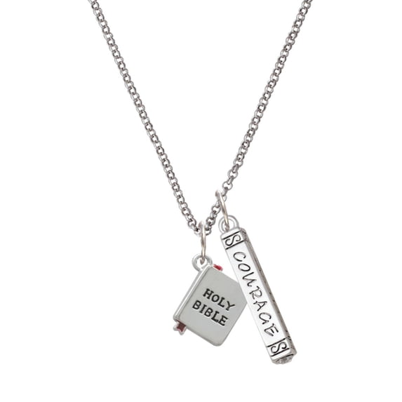 Delight Jewelry Silvertone Bible with Cross Silvertone Courage Strength Wisdom Honesty Bar Charm Necklace, 23"