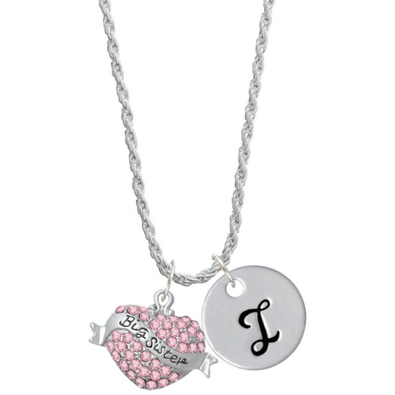 Delight Jewelry Silvertone Big Sister Banner on Pink Crystal Heart Silvertone Script Initial Disc - I - Charm Necklace, 20"+3"