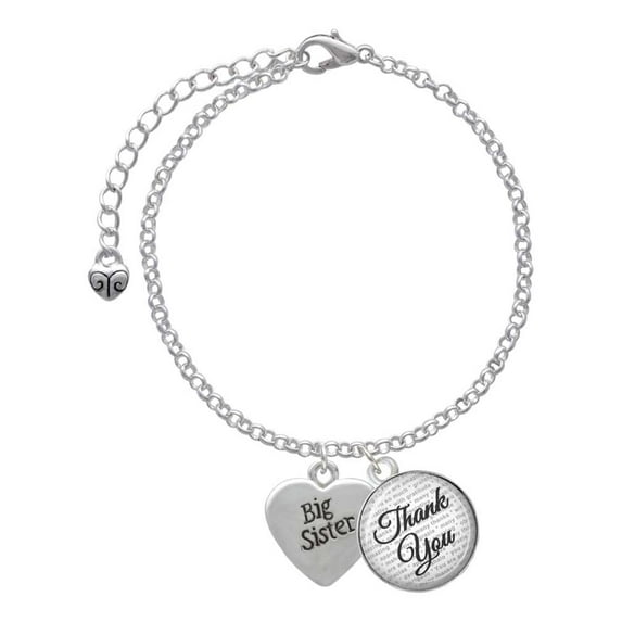 Delight Jewelry Silvertone Big Sister Heart - Domed Thank You Charm Bracelet, 6"+2"