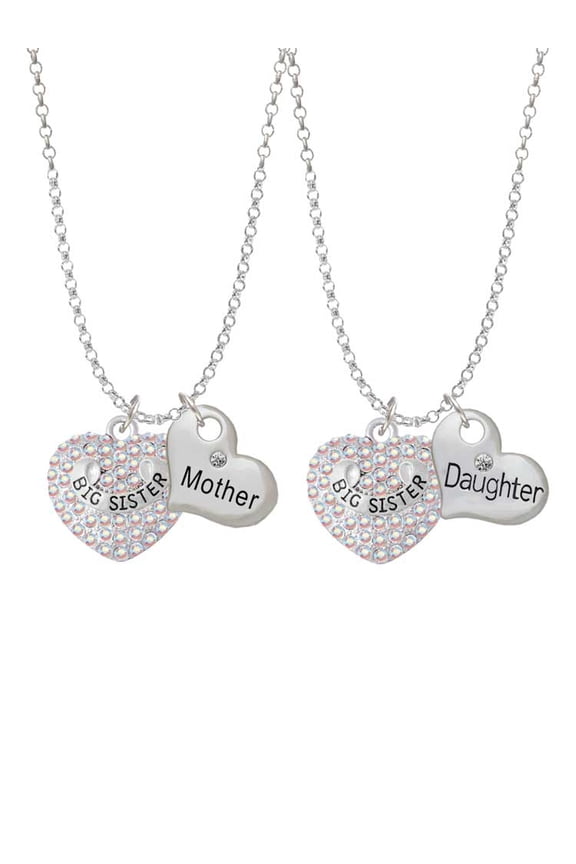 Silvertone Big Sister Rock on AB Crystal Heart Mother & Daughter Heart Necklaces (Set of 2), 19"+2"