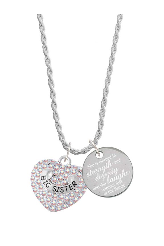 Silvertone Big Sister Rock on AB Crystal Heart She is Clothed in Stength and Dignity Charm Necklace, 20"+3"