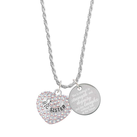 Delight Jewelry Silvertone Big Sister Rock on AB Crystal Heart She is Clothed in Stength and Dignity Charm Necklace, 20"+3"