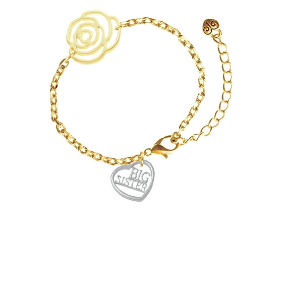 Delight Jewelry Silvertone Big Sister in Open Heart - 5/8'' Gold-tone Flower Link Chain Bracelet, 6.75"+2" Extender