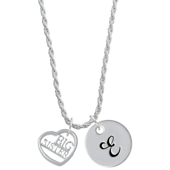 Delight Jewelry Silvertone Big Sister in Open Heart - 5/8'' Silvertone Script Initial Disc - E - Charm Necklace, 20"+3"