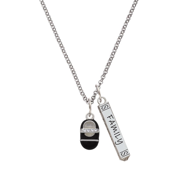 Delight Jewelry Silvertone Black Baby Shoe with Crystal Strap Silvertone Family Bar Charm Necklace, 23"