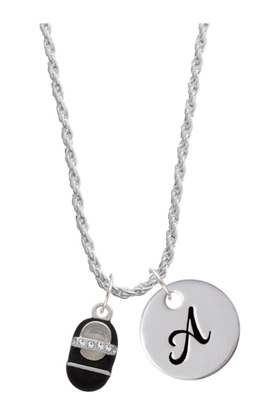 Silvertone Black Baby Shoe with Crystal Strap Silvertone Script Initial Disc - A - Charm Necklace, 20"+3"
