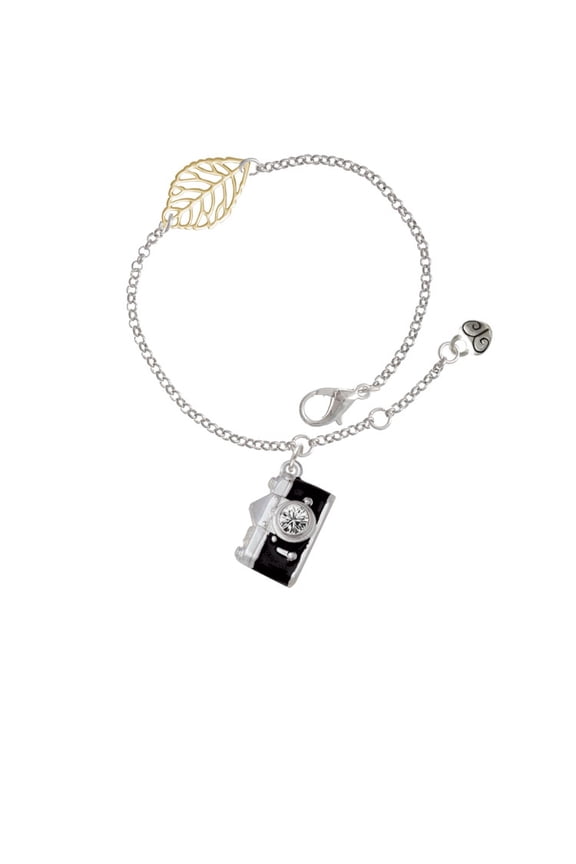 Silvertone Black Camera - Goldtone Leaf Delicate Bracelet, 6.25+1.75"