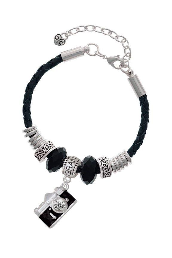 Silvertone Black Camera Grandmother Celtic Knot Leather Bead Bracelet, 7"+2" Extender