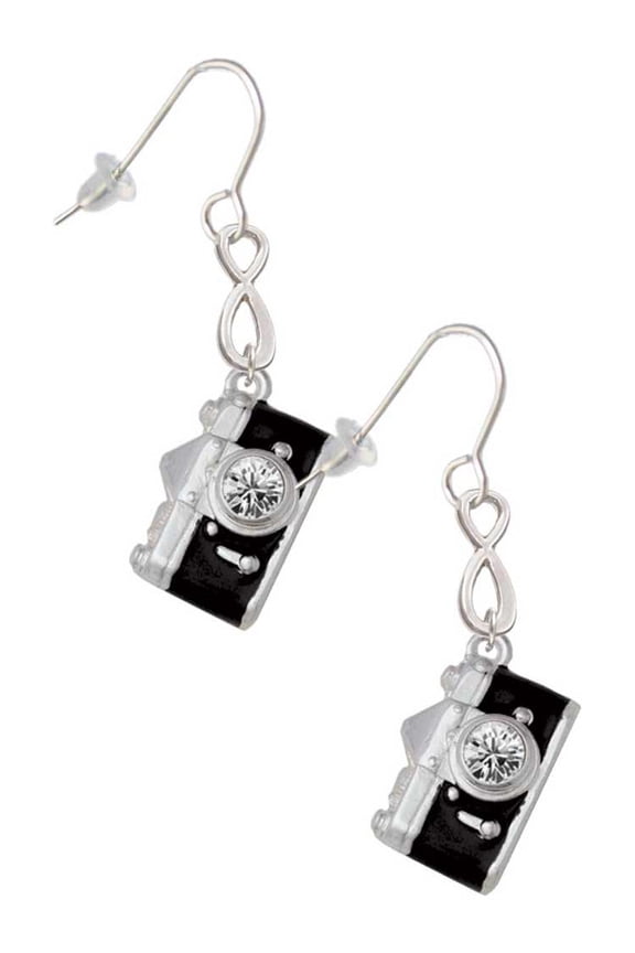Silvertone Black Camera Silver tone Infinity French Earrings