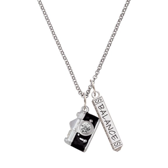 Delight Jewelry Silvertone Black Camera Silvertone Balance Bar Charm Necklace, 23"