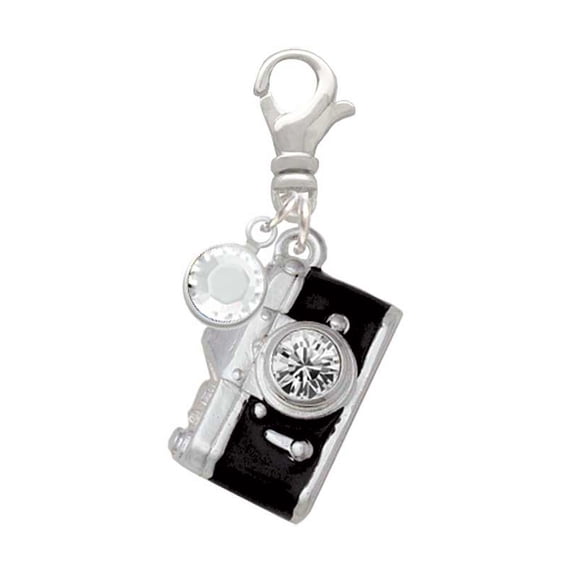 Delight Jewelry Silvertone Black Camera - Silvertone Clip on Charm with Clear Crystal Drop