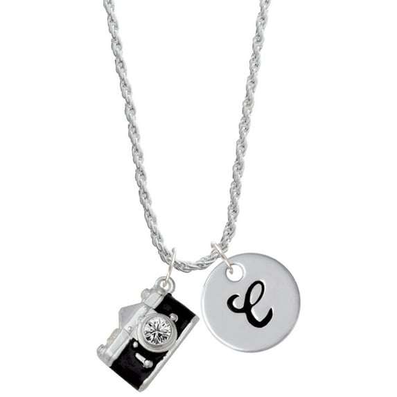 Delight Jewelry Silvertone Black Camera Silvertone Script Initial Disc - C - Charm Necklace, 20"+3"