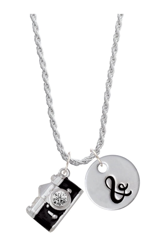 Silvertone Black Camera Silvertone Script Initial Disc - & - Charm Necklace, 20"+3"