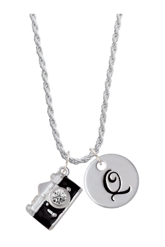 Silvertone Black Camera Silvertone Script Initial Disc - Q - Charm Necklace, 20"+3"
