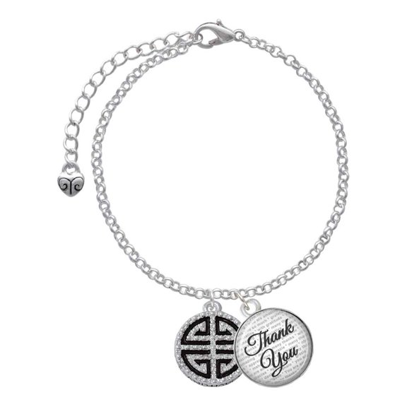 Delight Jewelry Silvertone Black Chinese Blessing - Domed Thank You Charm Bracelet, 6"+2"