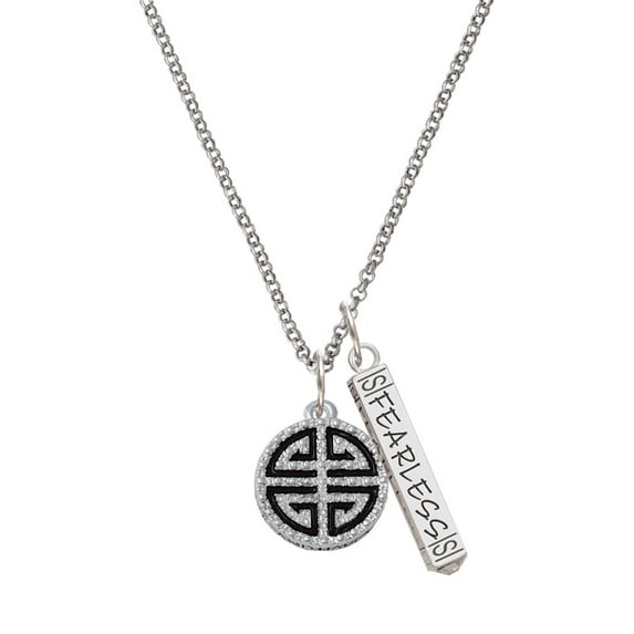 Delight Jewelry Silvertone Black Chinese Blessing Silvertone Fearless Bar Charm Necklace, 23"