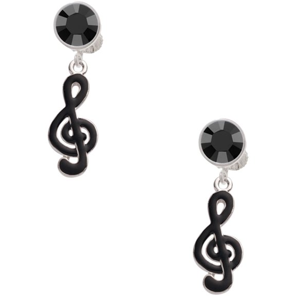 Delight Jewelry Silvertone Black Clef Black Crystal Clip on Earrings