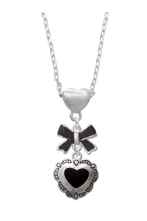 Silvertone Black Concho Heart Black Bow Heart Necklace
