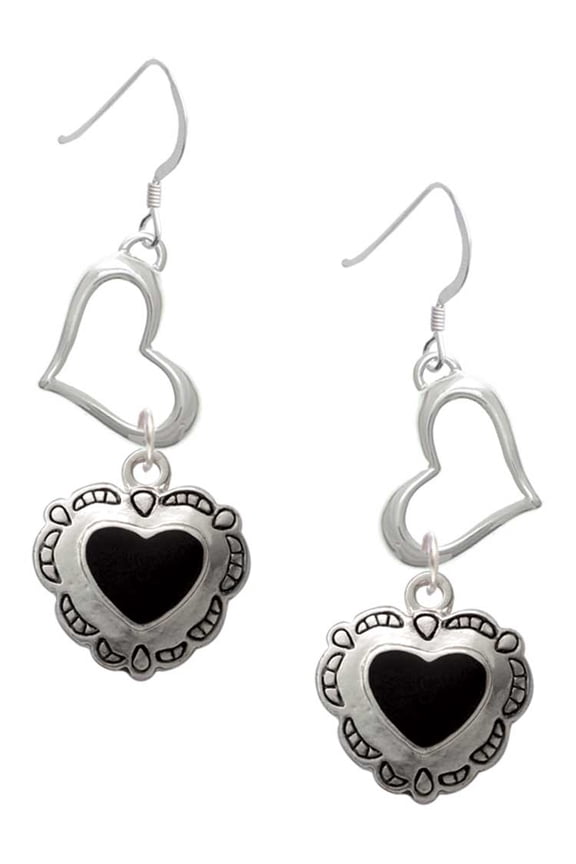 Silvertone Black Concho Heart Open Heart French Earrings