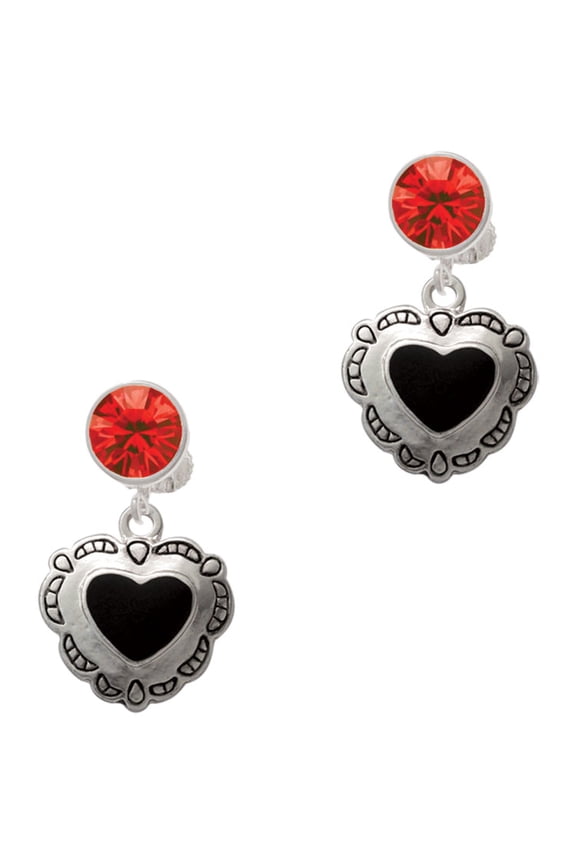 Silvertone Black Concho Heart Red Crystal Clip on Earrings