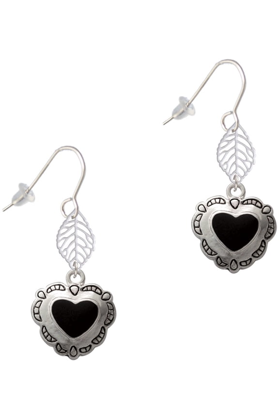 Silvertone Black Concho Heart Silvertone Leaf French Earrings