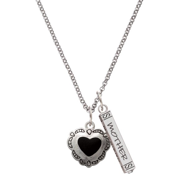 Delight Jewelry Silvertone Black Concho Heart Silvertone Mother Daughter Bar Charm Necklace, 23"