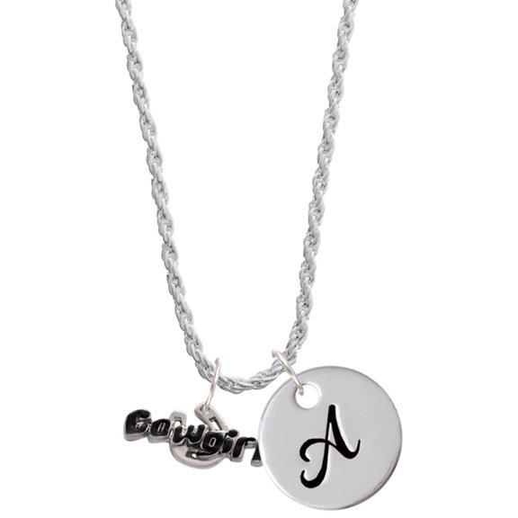 Delight Jewelry Silvertone Black Cowgirl Silvertone Script Initial Disc - A - Charm Necklace, 20"+3"