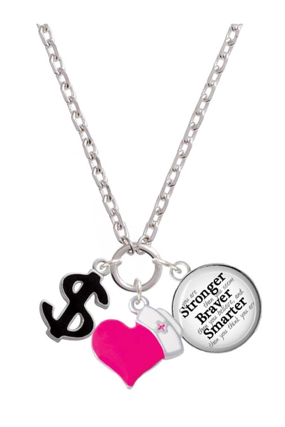 Silvertone Black Dollar Sign - Hot Pink Heart Nurse Strong Zoe Necklace
