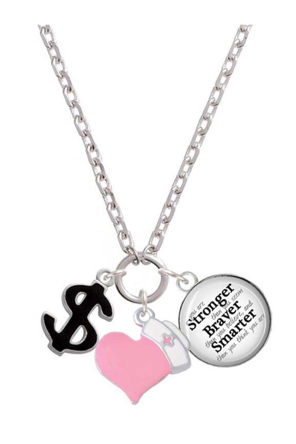 Silvertone Black Dollar Sign - Light Pink Heart Nurse Strong Zoe Necklace