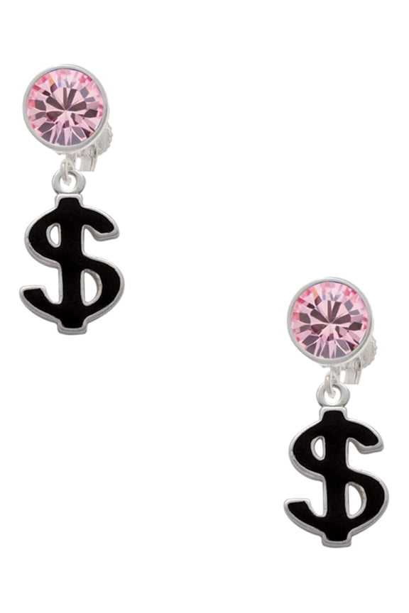 Silvertone Black Dollar Sign Pink Crystal Clip on Earrings