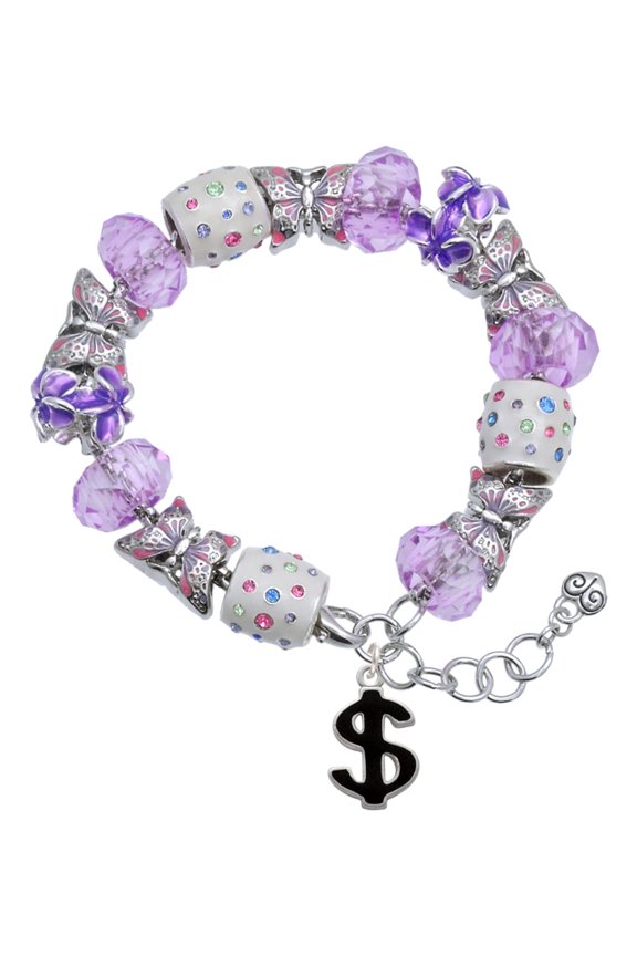 Silvertone Black Dollar Sign Purple Butterfly Bead Charm Bracelet, 7"+1" Extender