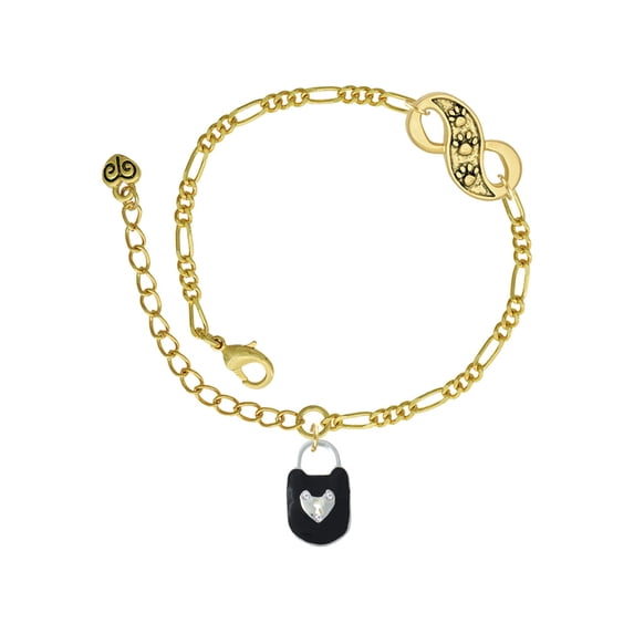 Delight Jewelry Silvertone Black Enamel Lock with Clear Crystals Gold-tone Paw Infinity Link Chain Bracelet, 6"+2" Extender