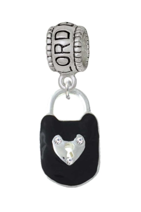 Silvertone Black Enamel Lock with Clear Crystals Lord Guide Me Charm Bead