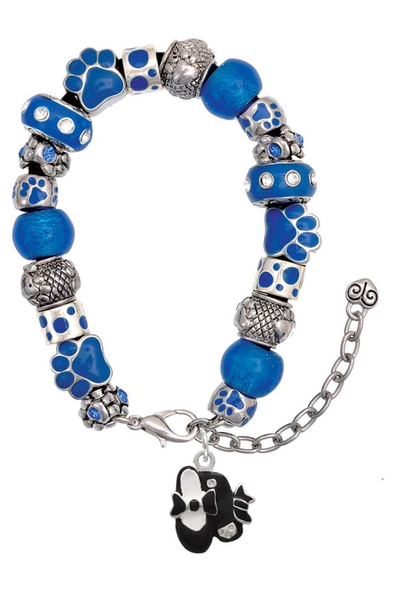 Silvertone Black Enamel Tap Shoes Blue Paw Print Bead Bracelet, 7"+2"