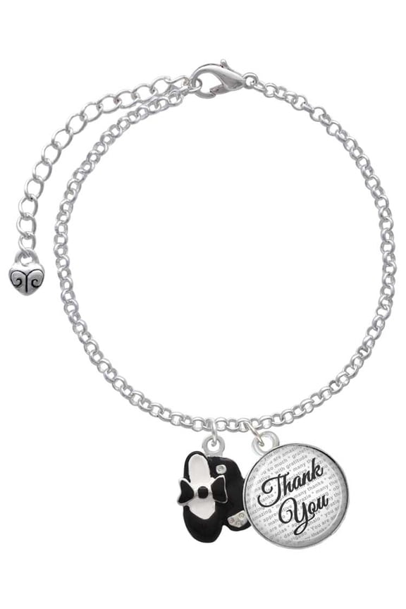 Silvertone Black Enamel Tap Shoes - Domed Thank You Charm Bracelet, 6"+2"