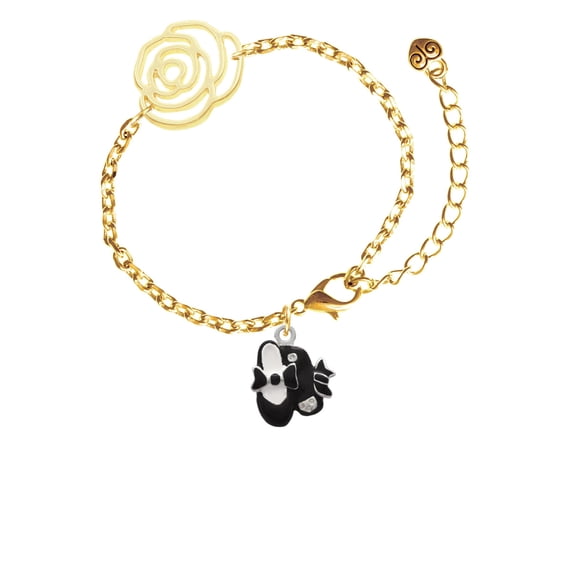 Delight Jewelry Silvertone Black Enamel Tap Shoes Gold-tone Flower Link Chain Bracelet, 6.75"+2" Extender