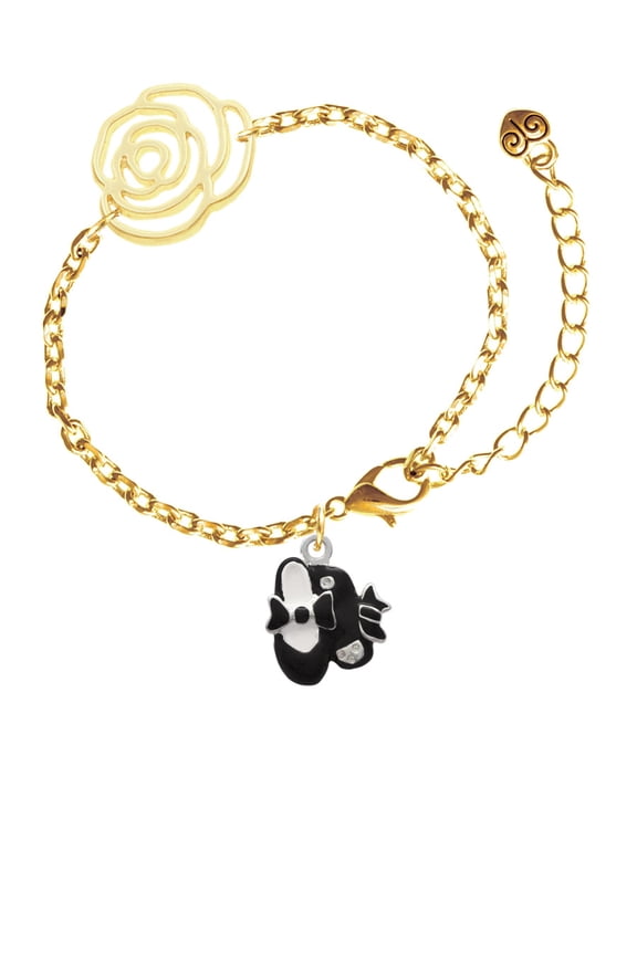 Silvertone Black Enamel Tap Shoes Gold-tone Flower Link Chain Bracelet, 6.75"+2" Extender