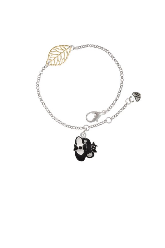 Silvertone Black Enamel Tap Shoes - Goldtone Leaf Delicate Bracelet, 6.25+1.75"